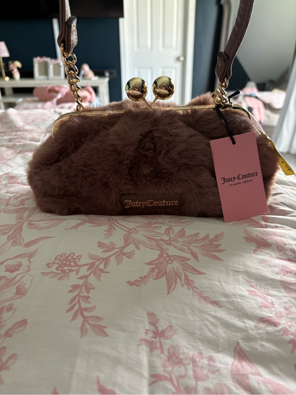 Juicy Couture Brown Faux Fur Kiss-Lock Clutch with Gold Hardware
